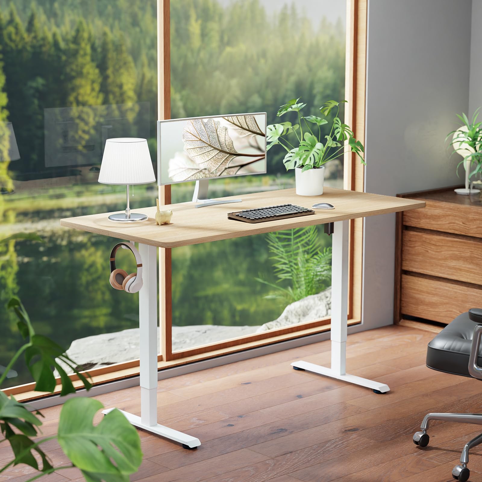 55 Inch Large Electric Standing Desk, 4 Memory Heights Adjustable,Sit to Stand Up, Work Home Office Computer Table for Study, Walking Pad, Writing, and Games, Wooden Desktop Desks, Nature Wood