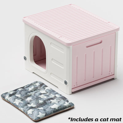 Plastic Cat House for Outdoor Indoor Use, Stackable Feral Cat Shelter Indoor Cat House Weatherproof Waterproof Elevated (Pink)