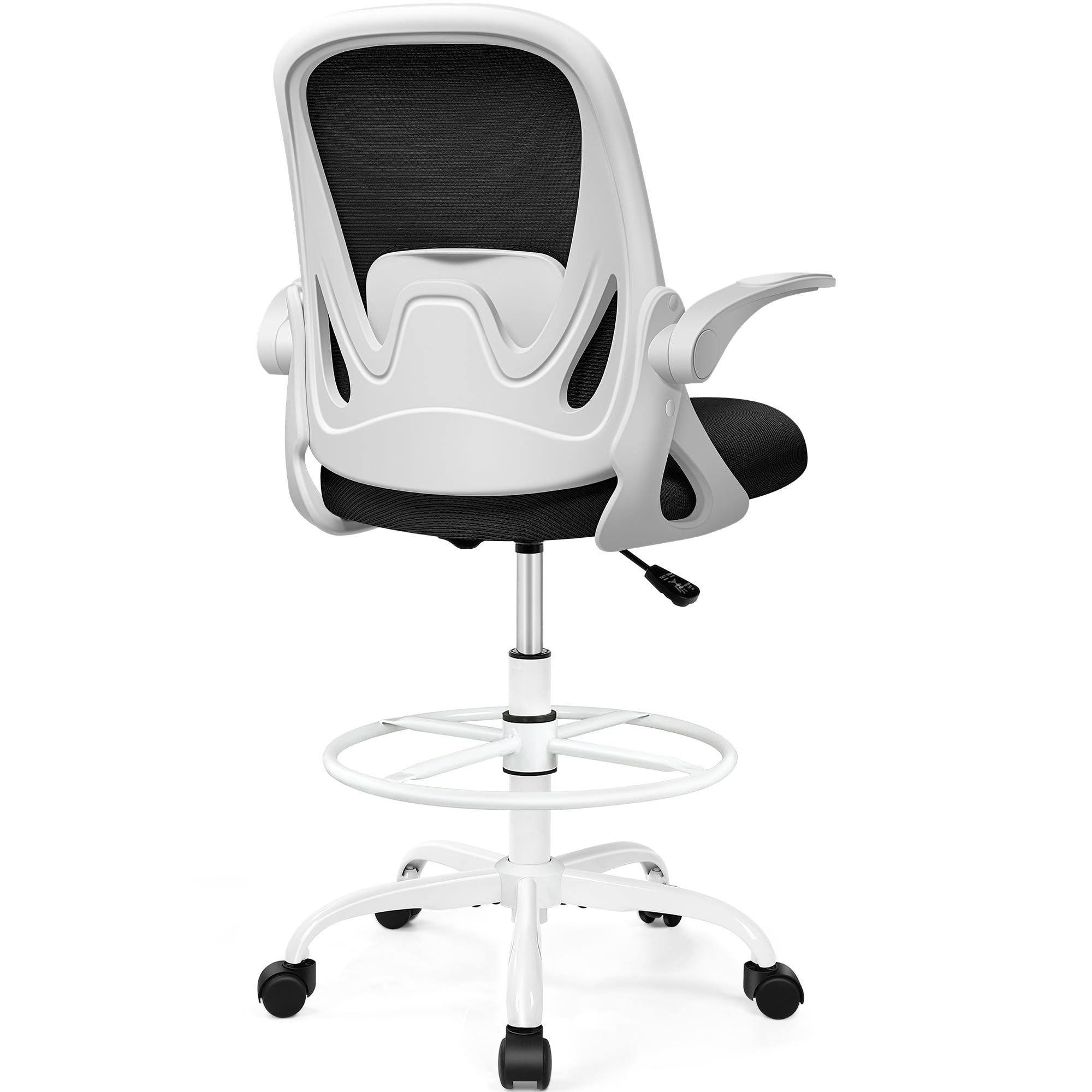 Drafting Chair Tall Office Chair with Flip-up Armrests, Adjustable Height, and Enhanced Lumbar Support - Ergonomic Rolling Stool, Back Support, and Adjustable Foot Rest Ring for Standing Desk White