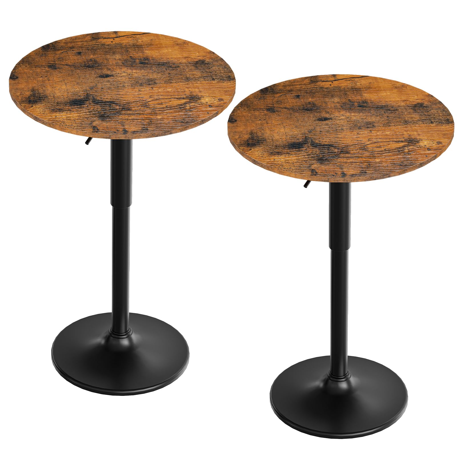 2 Pcs Bar Table, Height-Adjustable Round Pub Table 27-35.4 Inches with Sturdy Base, Modern Style, Easy to Assemble, Suitable for Small Space, Rustic Brown and Black