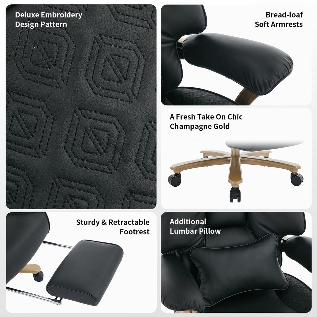 Big and Tall Executive Office Chair with Footrest, 400LBS Capacity Ergonomic High-Back Desk Office Chair with Lumbar Support, Padded Armrests & Thick Cushion, Black PU Leather Chairs