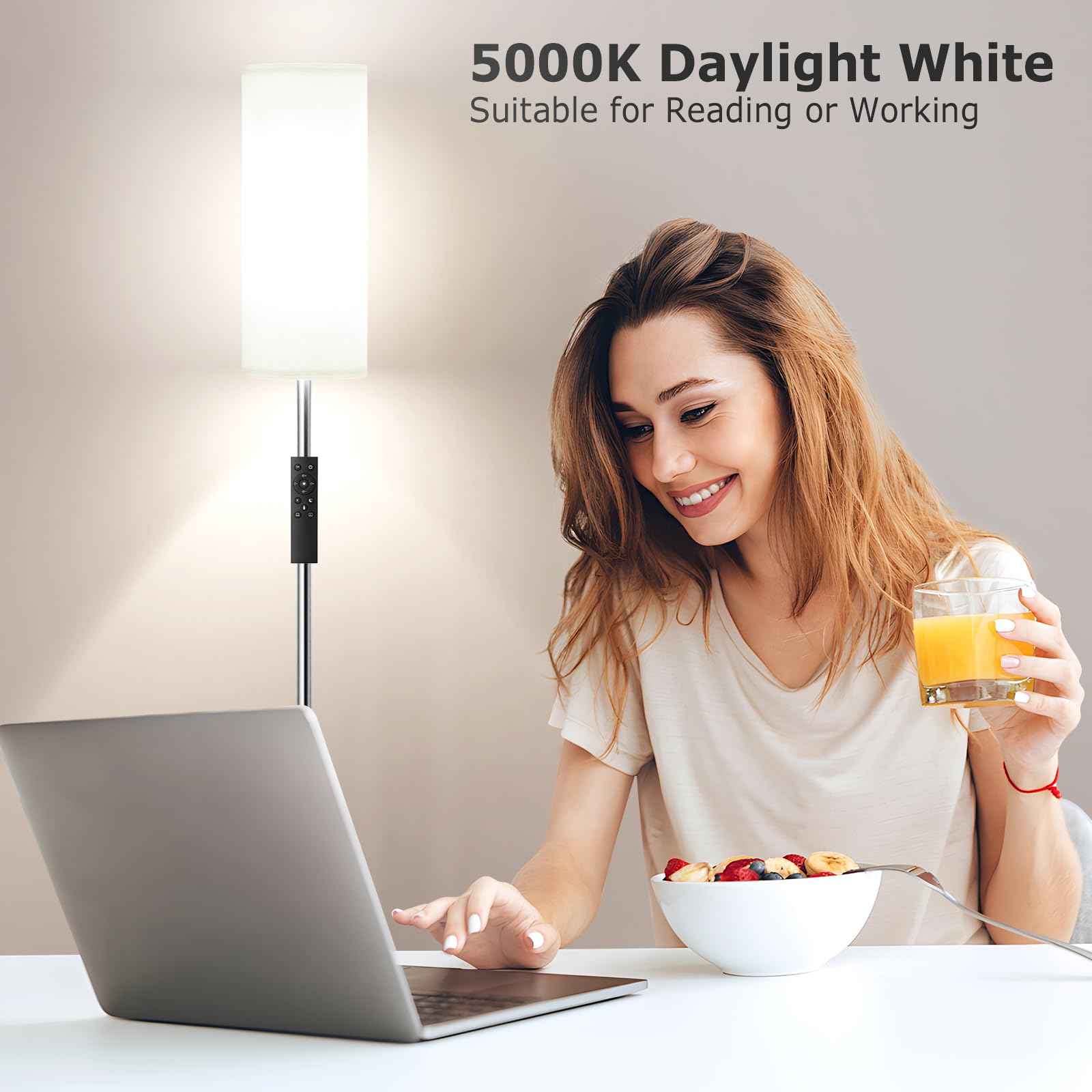 64'' Floor Lamps for Living Room with Remote Control and Stepless Dimmable Colors Temperature & Brightness, 9W Bulb Included(White Lampshade & Silver Pole)