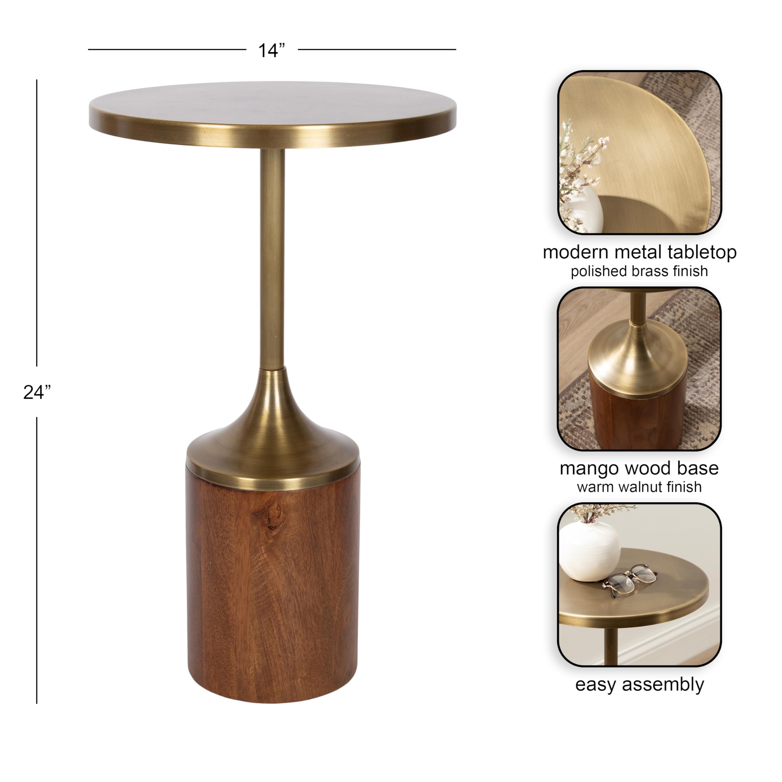 Whelan Modern Metal Round Side Table, 14 x 14 x 24, Antique Brass and Walnut Brown, Transitional Sculptural Indoor Plant Stand for Living Room End Table or Bedroom Nightstand