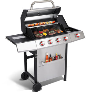 4 Burner Propane Gas Grill Combo w/Side Burner, 3-in-1 BBQ Grill with Charcoal Smoker & Griddle Plate, 46,750 BTU, 448 Sq.In. Stainless Steel Outdoor Cooking Station
