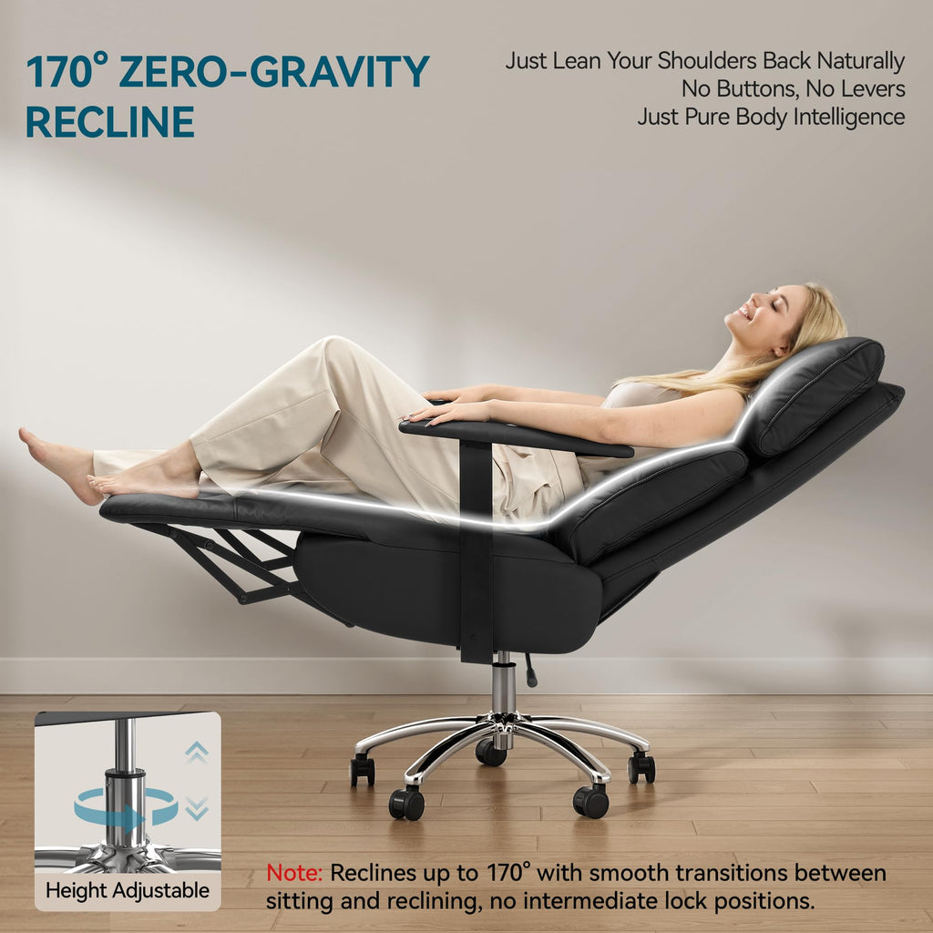Reclining Office Chair with Adjustable Headrest and Footrest, 170° Ergonomic Comfortable Office Chair Zero Gravity, Leather Executive Home Office Desk Chair (Black)