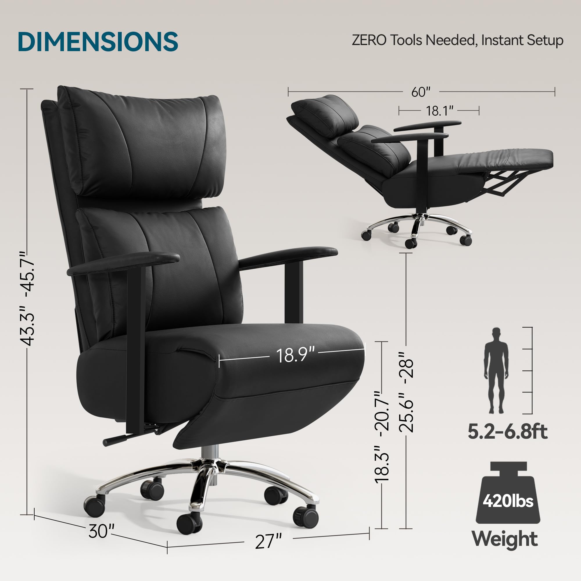 Reclining Office Chair with Adjustable Headrest and Footrest, 170° Ergonomic Comfortable Office Chair Zero Gravity, Leather Executive Home Office Desk Chair (Black)