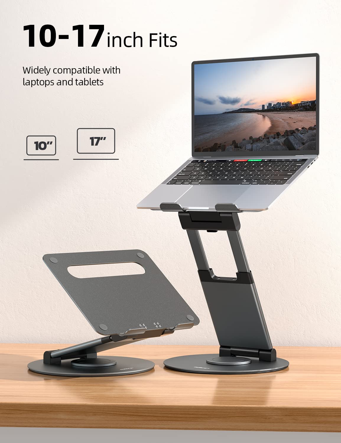 360 Rotating Laptop Stand for Desk Adjustable Height Swivel Pull Out Design Ergonomic Laptop Riser Standing Desk Converter Fits All 10-17" Laptops Computer MacBook, Gray