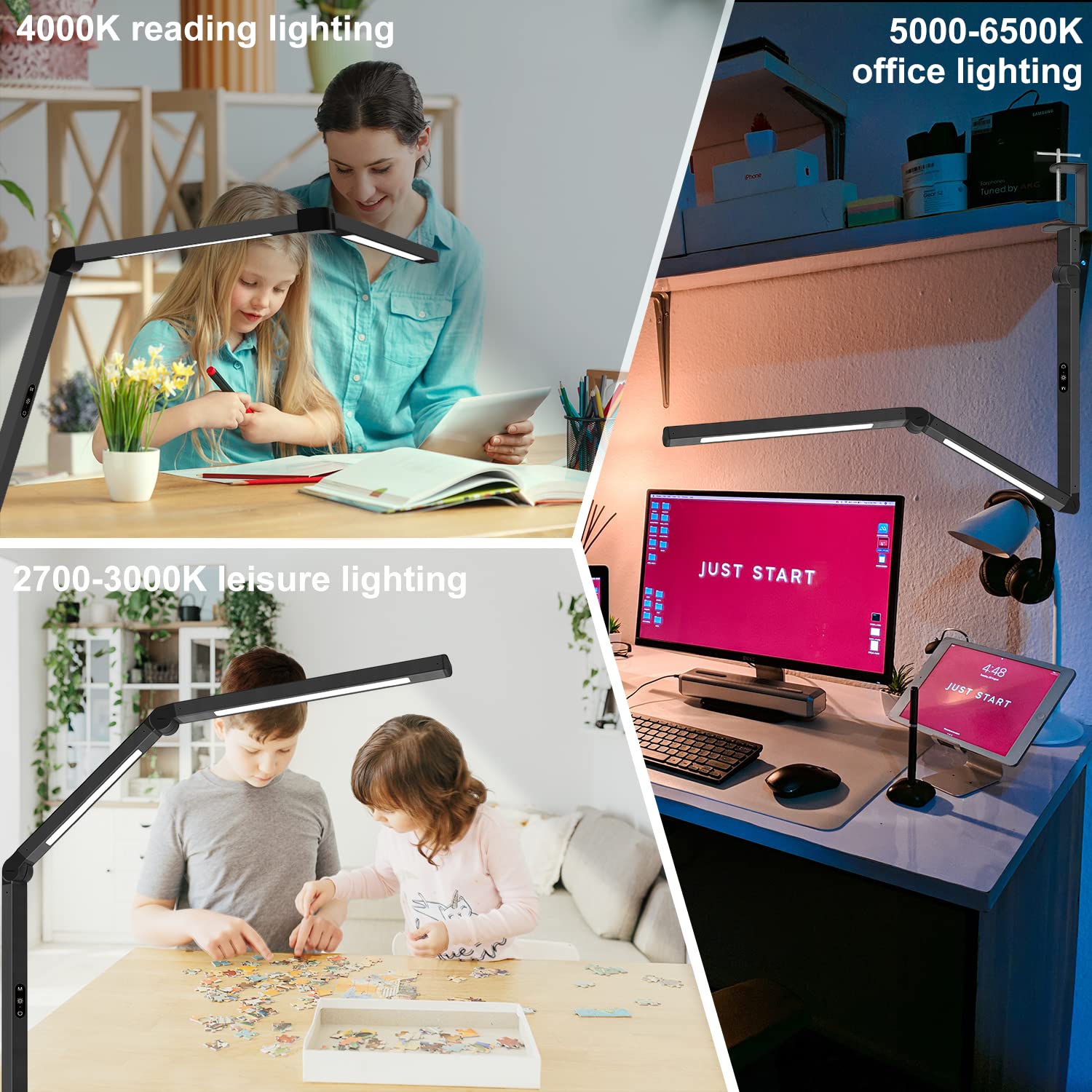 LED Desk Lamp with Clamp, Architect Desk Lamp with Dual Light and Adjustable Swing Arm, Clip-on Eye-Care 4 CCT Modes & 5 Brightness Levels Table Light Modern Computer Lighting for Home Office