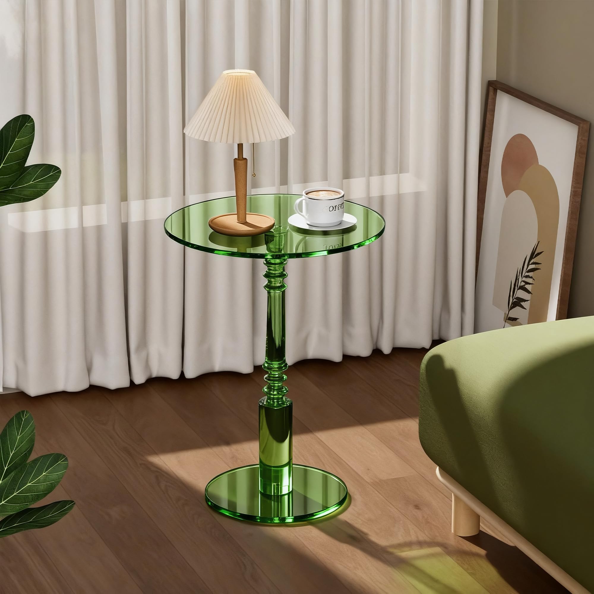 Modern Acrylic Side Table, Round Clear End Table for Living Room,Bedroom Lobby and Office Easy Assembly (Green, Large)