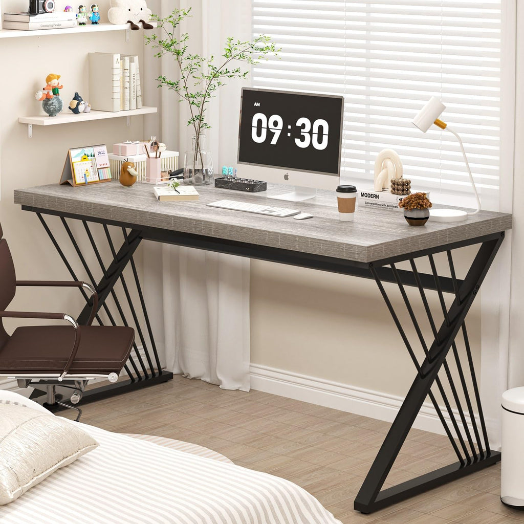 Modern Desk, Rustic Wood and Metal Computer Desk for Home Office, Simple Study Writing Gaming Table for Bedroom Living Room, Light Grey, 53 Inch