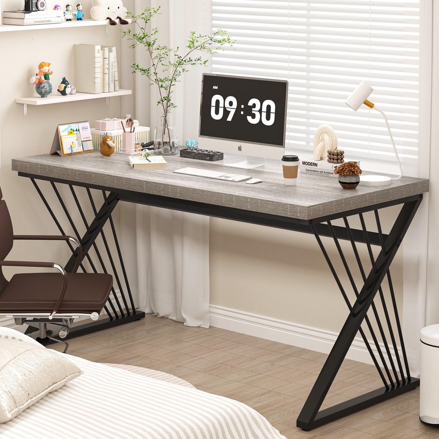 Modern Desk, Rustic Wood and Metal Computer Desk for Home Office, Simple Study Writing Gaming Table for Bedroom Living Room, Light Grey, 53 Inch