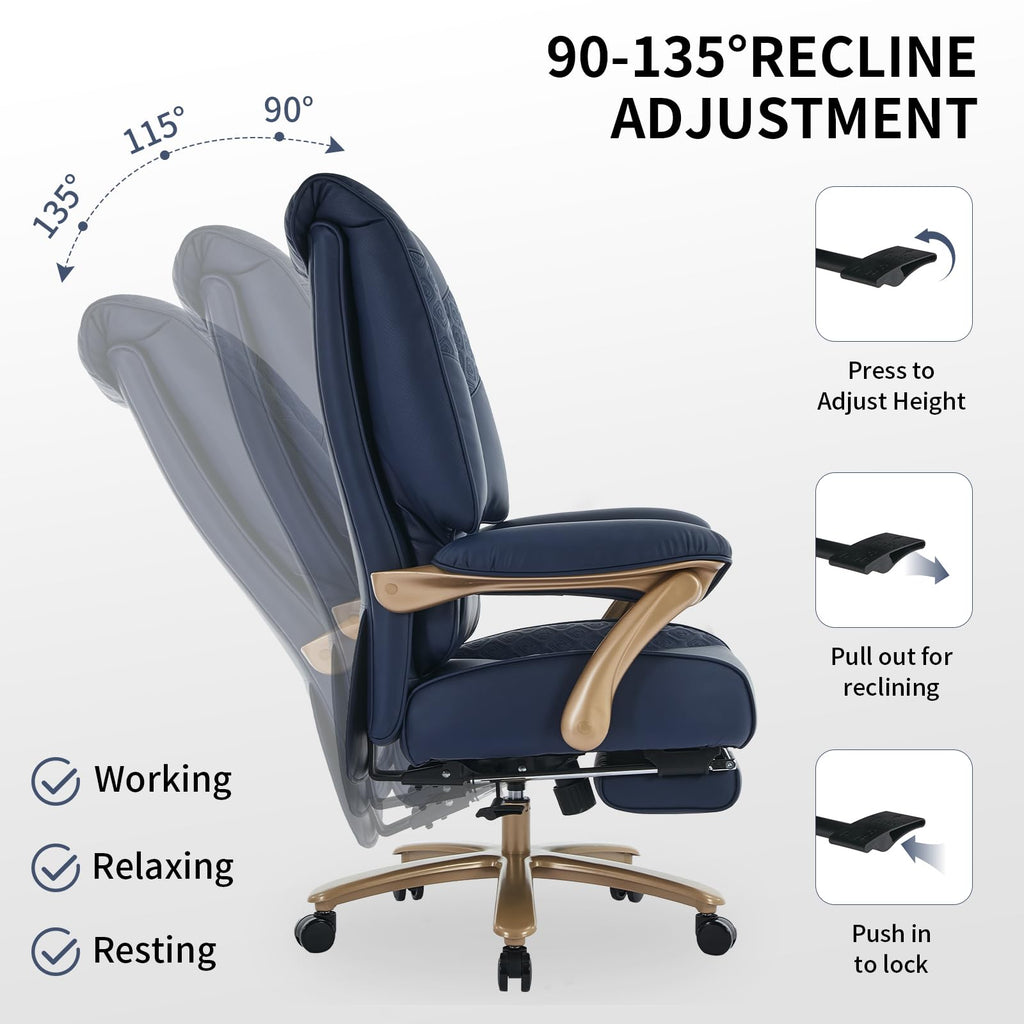 Big and Tall Executive Office Chair with Footrest, 400LBS Capacity Ergonomic High-Back Desk Office Chair with Lumbar Support, Padded Armrests & Thick Cushion, Blue PU Leather Chairs