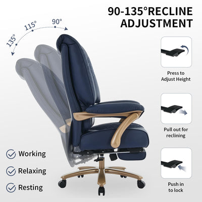 Big and Tall Executive Office Chair with Footrest, 400LBS Capacity Ergonomic High-Back Desk Office Chair with Lumbar Support, Padded Armrests & Thick Cushion, Blue PU Leather Chairs