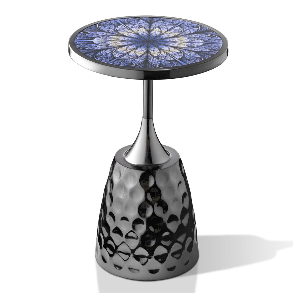 Modern 24" Tall Round End Table with Printed Tabletop and Iron Metal Base, Accent Furniture, Pedestal Stand for Living Room, Home Office, Black with Geometric Floral