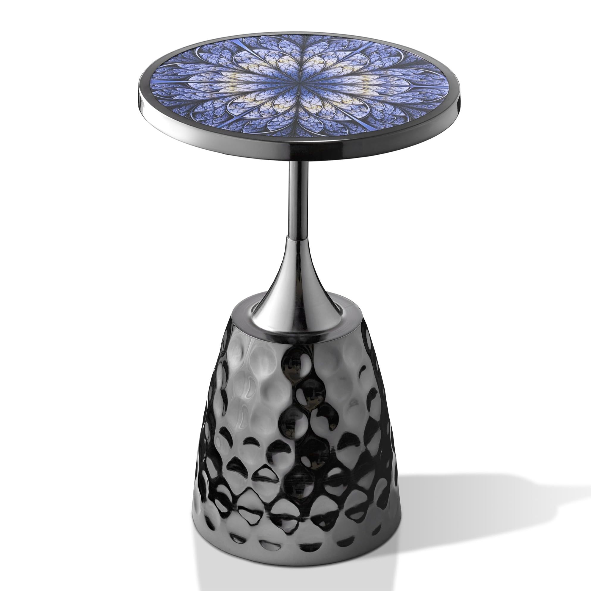 Modern 24" Tall Round End Table with Printed Tabletop and Iron Metal Base, Accent Furniture, Pedestal Stand for Living Room, Home Office, Black with Geometric Floral
