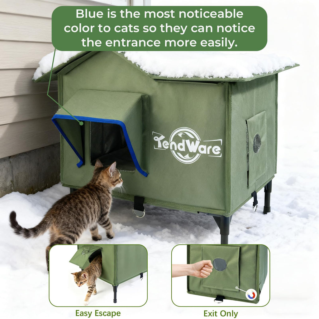 Outdoor Cat House Heated Cat House for Outside with Elevated Base Cat-Attracting Eave Design Feral Stray Shelter Weatherproof in Winter Garage Yard Porch