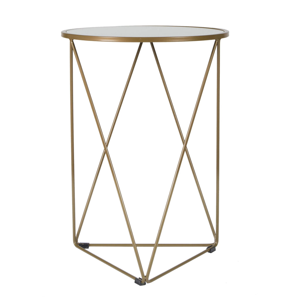 Metal Accent Table Triangle Base Round Mirror Top, Gold