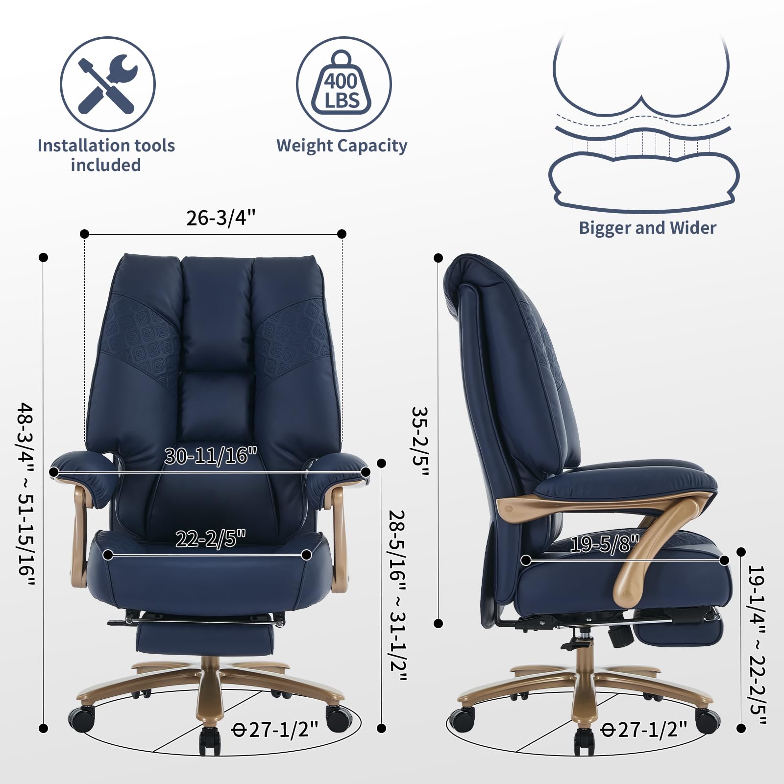 Big and Tall Executive Office Chair with Footrest, 400LBS Capacity Ergonomic High-Back Desk Office Chair with Lumbar Support, Padded Armrests & Thick Cushion, Blue PU Leather Chairs