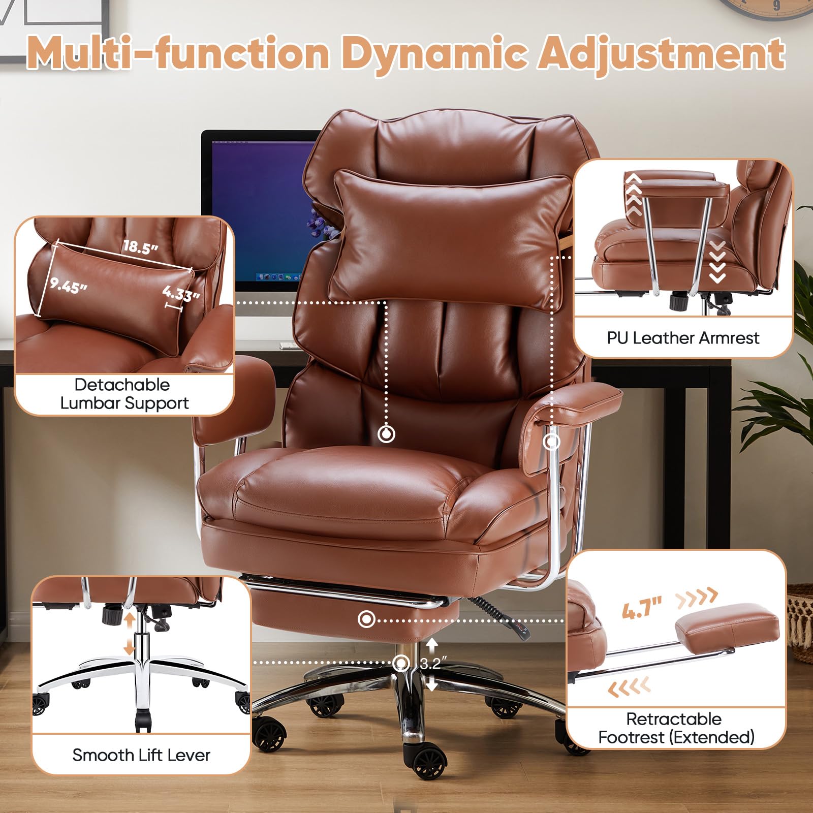 Executive Home Office Desk Chair - Ergonomic Big Tall High Back with Footrest & Lumbar Support, Reclining Height Adjustable, Comfy PU Leather Computer Gaming with Swivel Wheels, Brown