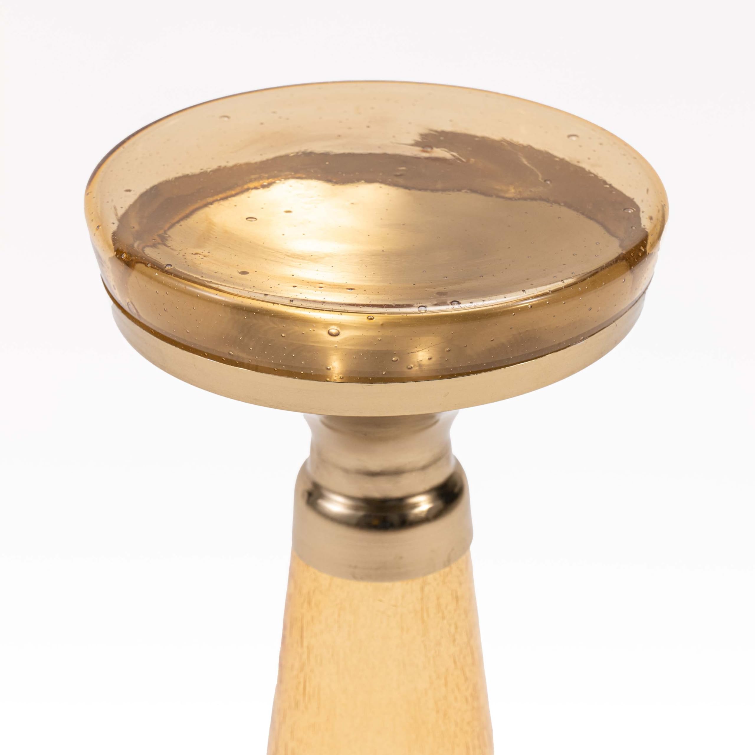 Modern Decorative Round Drink Table with Glass Base and Top with Gold Metal Accent, Martini, Gold Pedestal Table, Tall Side Table, Small Space end Table, for Living Room & Bedroom, Amber,Assembled