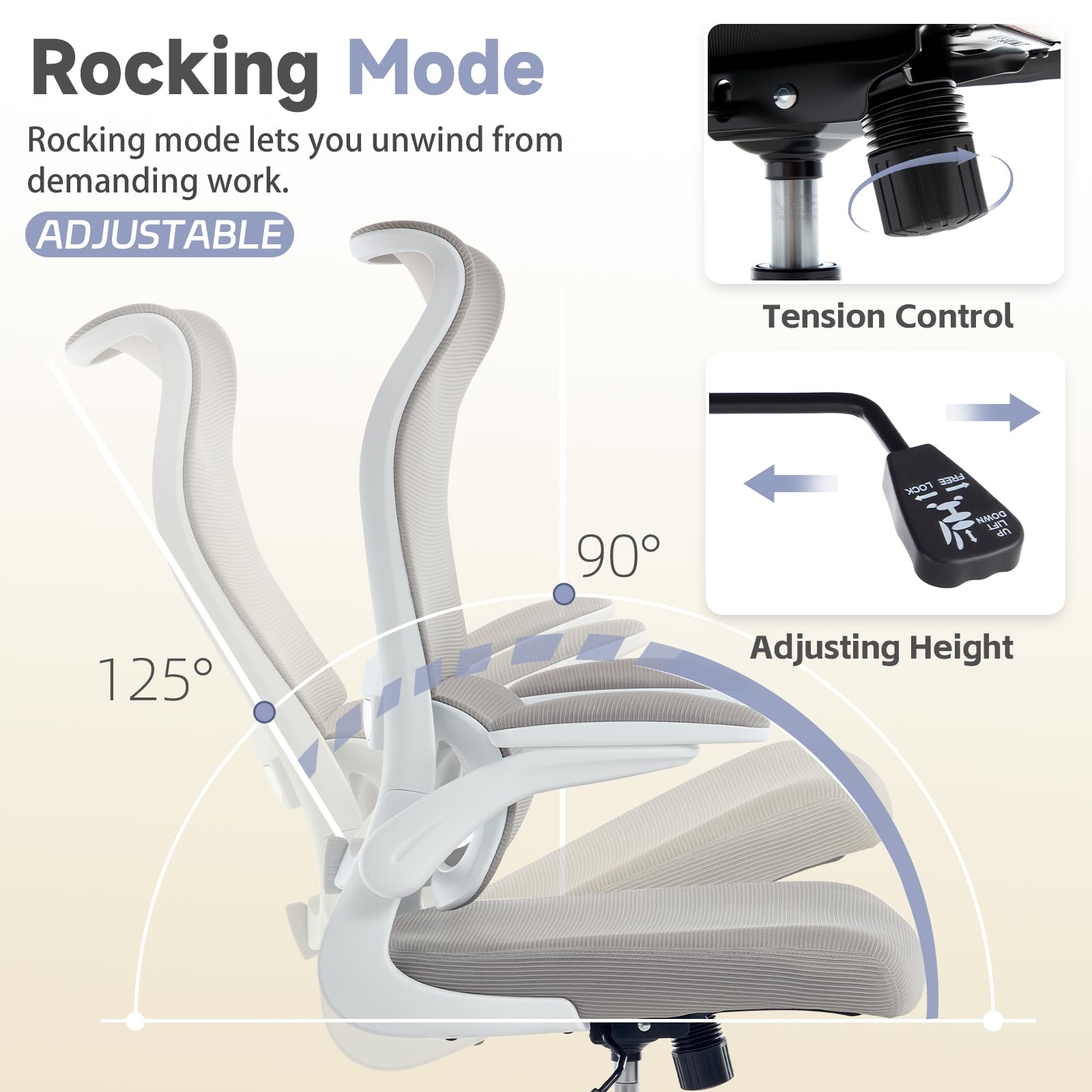 Ergonomic Office Chair with Adjustable Lumbar Support, Mesh Back, Flip-Up Arms, Rocking Mode with Tension Control, 300 lbs Weight Capacity, Black and White (White)