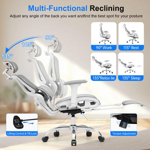 Ergonomic Mesh Office Chair, Home Desk Chair Comfy with Adjustable Lumbar Support 3D Headrest and Armrests, Reclining Big and Tall High Back Computer Gaming Chairs for Man Women, 350lbs Grey