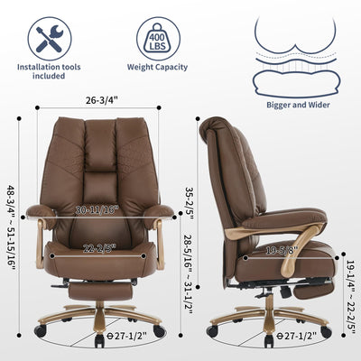 Big and Tall Executive Office Chair with Footrest, 400LBS Capacity Ergonomic High-Back Desk Office Chair with Lumbar Support, Padded Armrests & Thick Cushion, Brown PU Leather Chairs