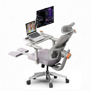 Ergonomic Home Office Chair-Office Desk Chair with Footrest, Auto-Following Backrest & Headrest, 4D Armrests, 96°-136° Recline (Gray, with Laptop Table)