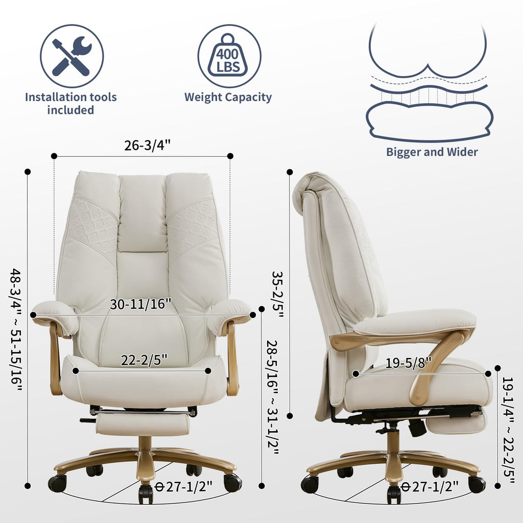 Big and Tall Executive Office Chair with Footrest, 400LBS Capacity Ergonomic High-Back Desk Office Chair with Lumbar Support, Padded Armrests & Thick Cushion, White PU Leather Chairs
