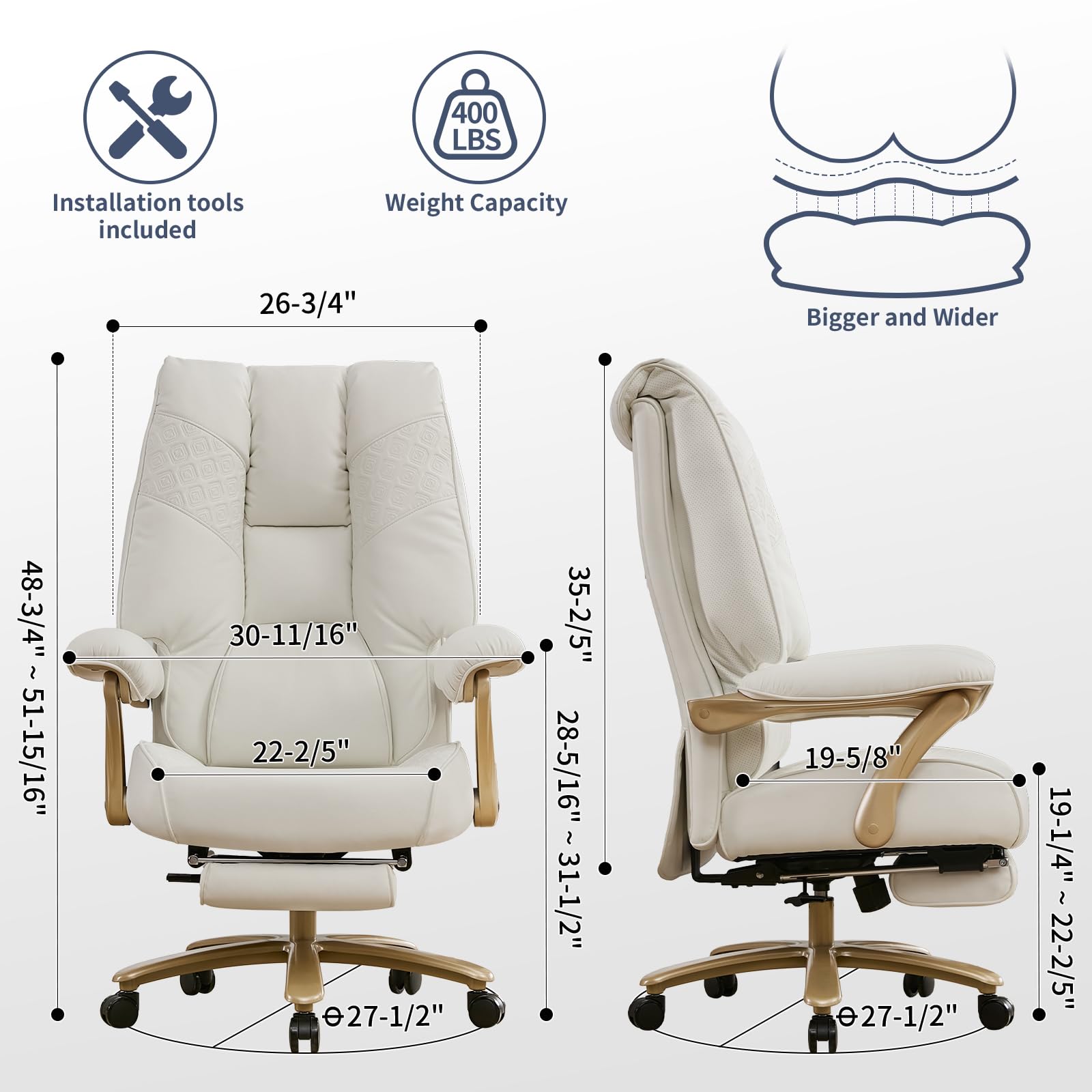 Big and Tall Executive Office Chair with Footrest, 400LBS Capacity Ergonomic High-Back Desk Office Chair with Lumbar Support, Padded Armrests & Thick Cushion, White PU Leather Chairs
