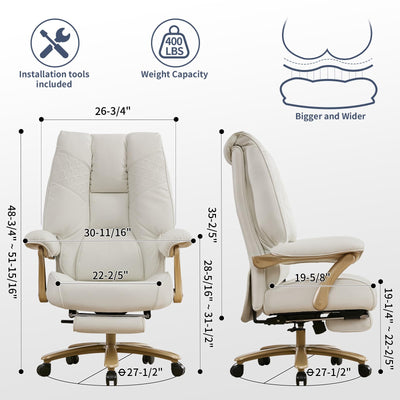 Big and Tall Executive Office Chair with Footrest, 400LBS Capacity Ergonomic High-Back Desk Office Chair with Lumbar Support, Padded Armrests & Thick Cushion, White PU Leather Chairs