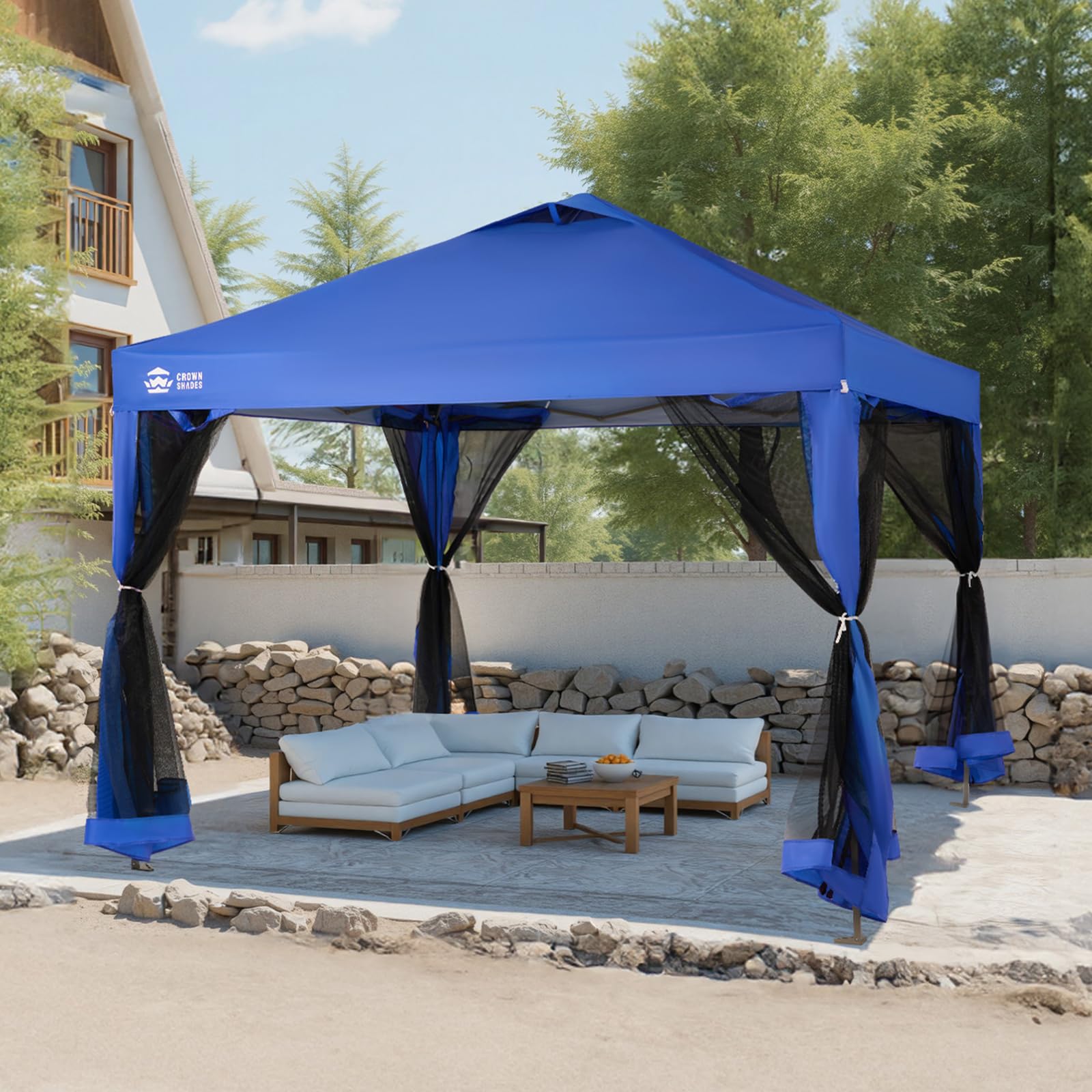 10x10 Pop Up Gazebo Canopy with Mosquito Netting, Instant Screen Tent with Wheeled Carry Bag & Sandbags,Easy Set Up Outdoor Canopy for Patio,Backyard,Camping & Events,Blue