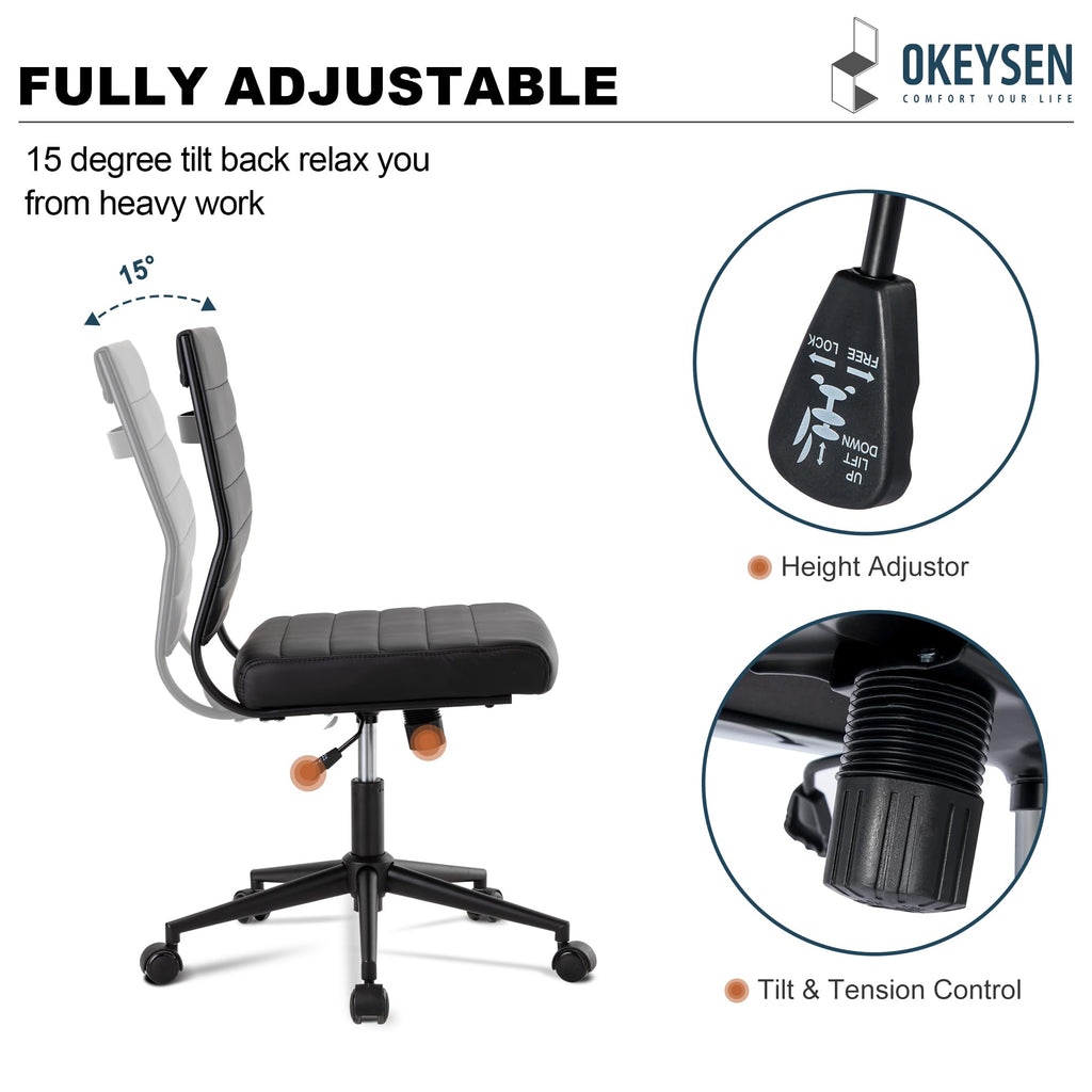 Office Desk Chair No Arms, Mid Back Ergonomic Swivel Black Armless Conference Room Chairs, Adjustable Height PU Leather Home Desk Chair, Modern Small Rolling Computer Task Chair