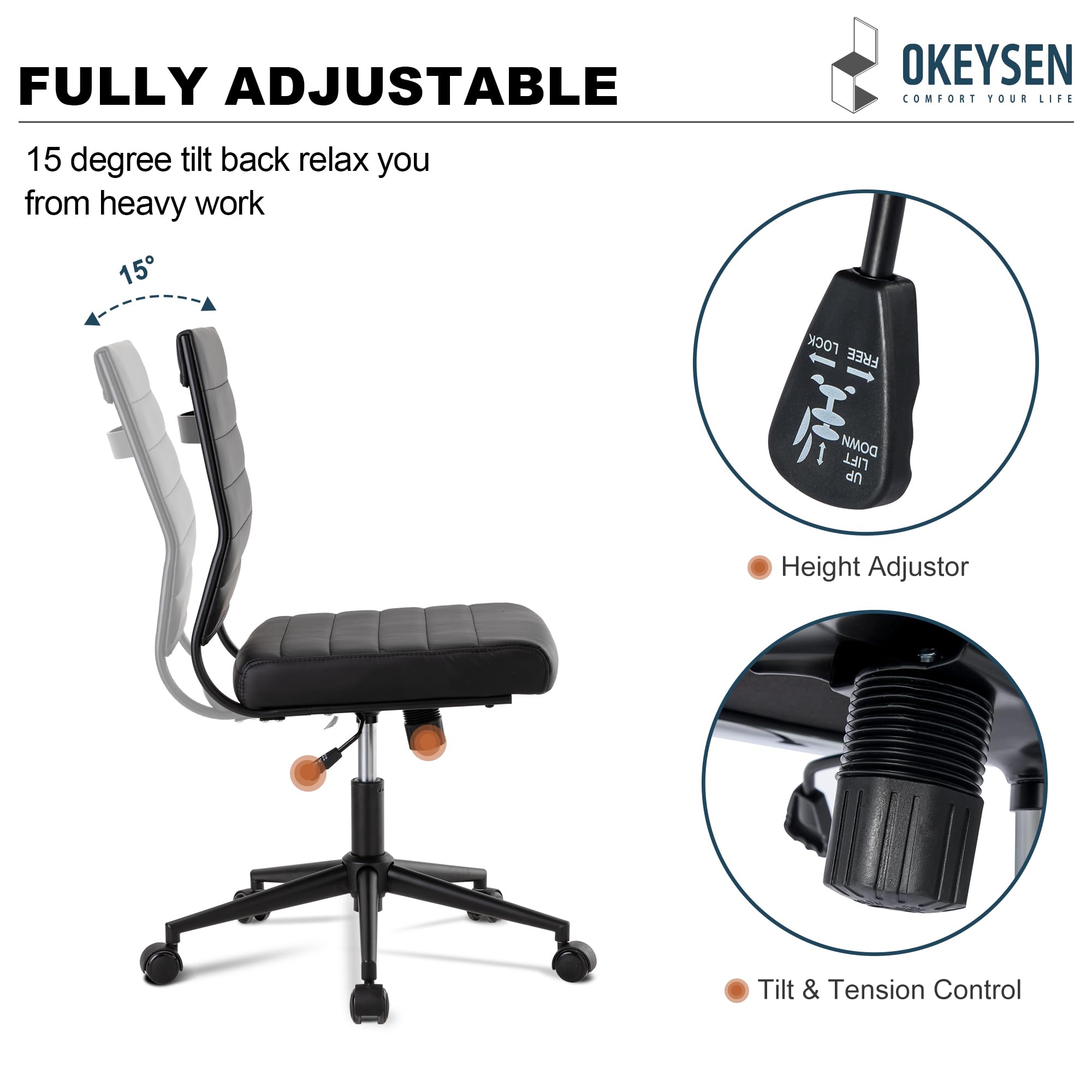 Office Desk Chair No Arms, Mid Back Ergonomic Swivel Black Armless Conference Room Chairs, Adjustable Height PU Leather Home Desk Chair, Modern Small Rolling Computer Task Chair