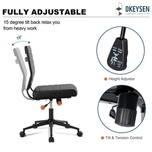 Office Desk Chair No Arms, Mid Back Ergonomic Swivel Black Armless Conference Room Chairs, Adjustable Height PU Leather Home Desk Chair, Modern Small Rolling Computer Task Chair