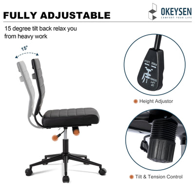 Office Desk Chair No Arms, Mid Back Ergonomic Swivel Black Armless Conference Room Chairs, Adjustable Height PU Leather Home Desk Chair, Modern Small Rolling Computer Task Chair