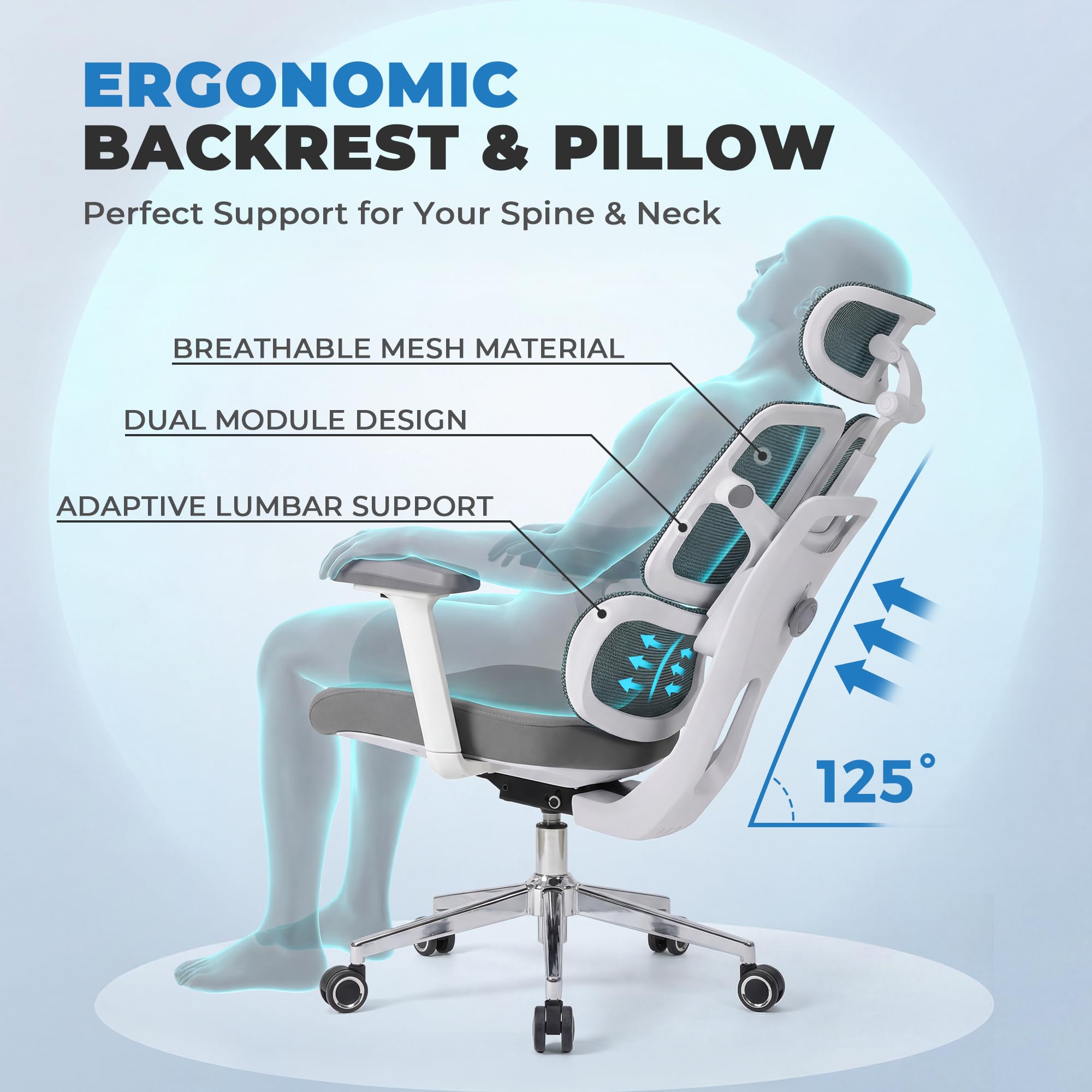 Ergonomic Office Chair 500 LBS Home Mesh Office Chair Comfortable Gaming Desk Chairs Adjustable 90-125° Tilt Rolling Computer Chairs with Wheel 3D Armrest