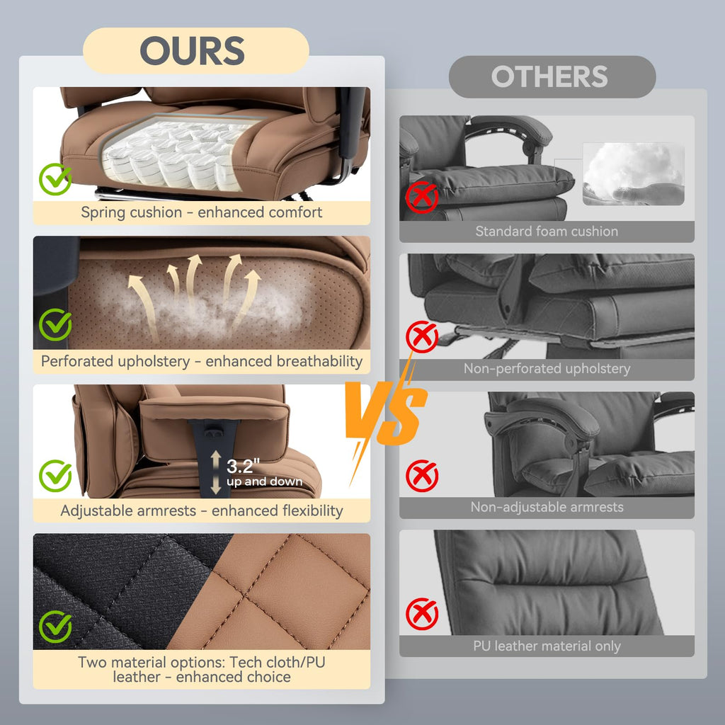 Big and Tall Office Chair with Pocket Spring Cushion,High Back Computer Gaming Chairs with Adjustable Armrests,Executive Desk Chairs with Lumbar Support and Footrest,PU Leather-Brown