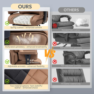 Big and Tall Office Chair with Pocket Spring Cushion,High Back Computer Gaming Chairs with Adjustable Armrests,Executive Desk Chairs with Lumbar Support and Footrest,PU Leather-Brown