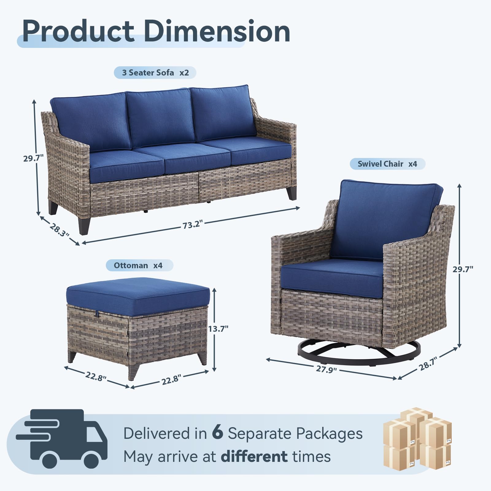 10 Piece Patio Furniture Set-High Back Outdoor Furniture Set Sectional Sofa with Wicker Swivel Patio Chairs,Comfy Cushions Ottomans for Porch Balcony Patio Deck Grey/Blue