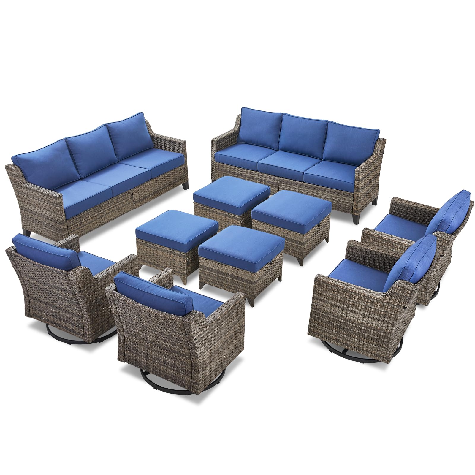 10 Piece Patio Furniture Set-High Back Outdoor Furniture Set Sectional Sofa with Wicker Swivel Patio Chairs,Comfy Cushions Ottomans for Porch Balcony Patio Deck Grey/Blue