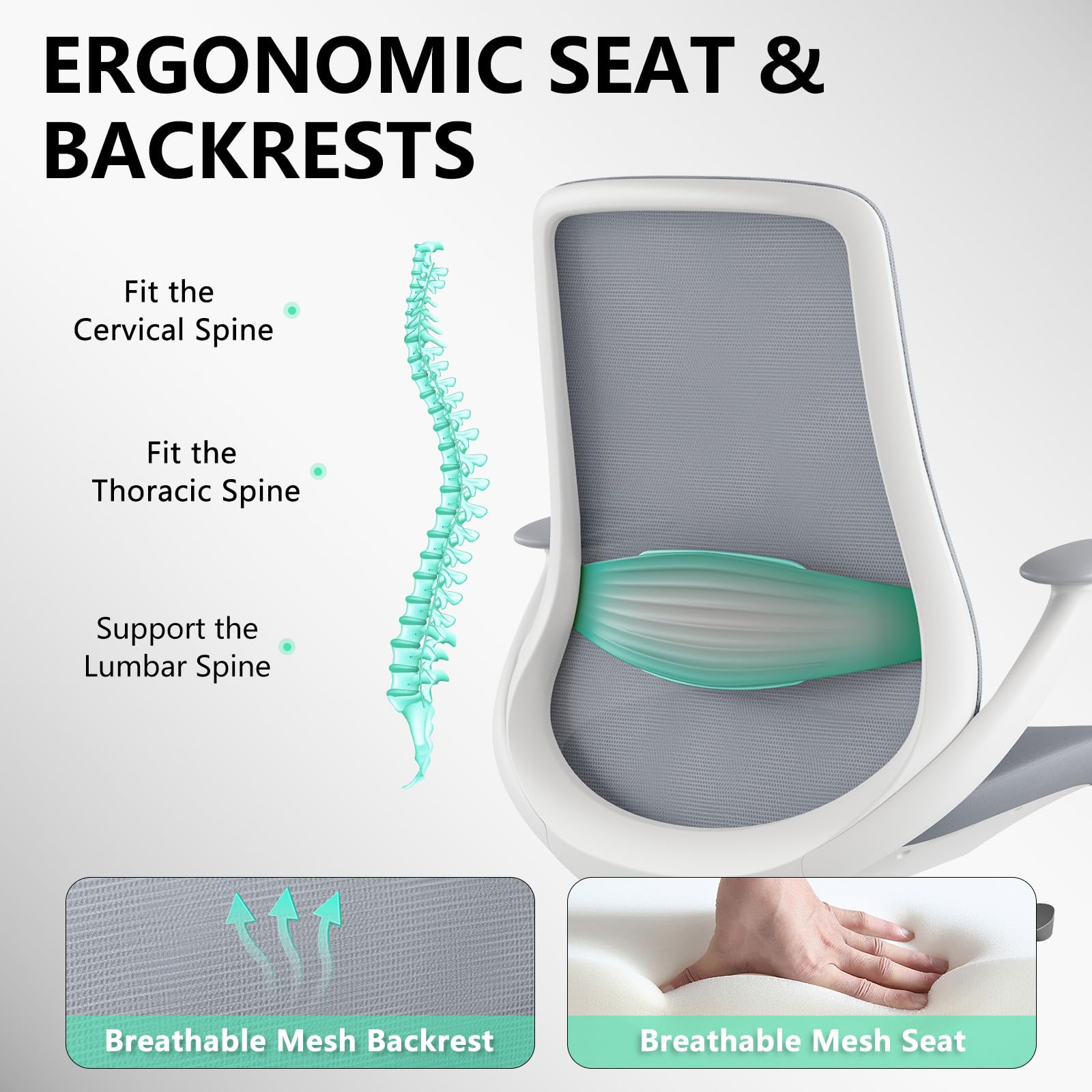 Ergonomic Office Chair, High Back Mesh Desk Chair with Lumbar Support, 360° Swivel & Slide-Adjustable Arms, Tilt Lock and Recline, Breathable Task Chair for Home Office & Gaming (Grey)