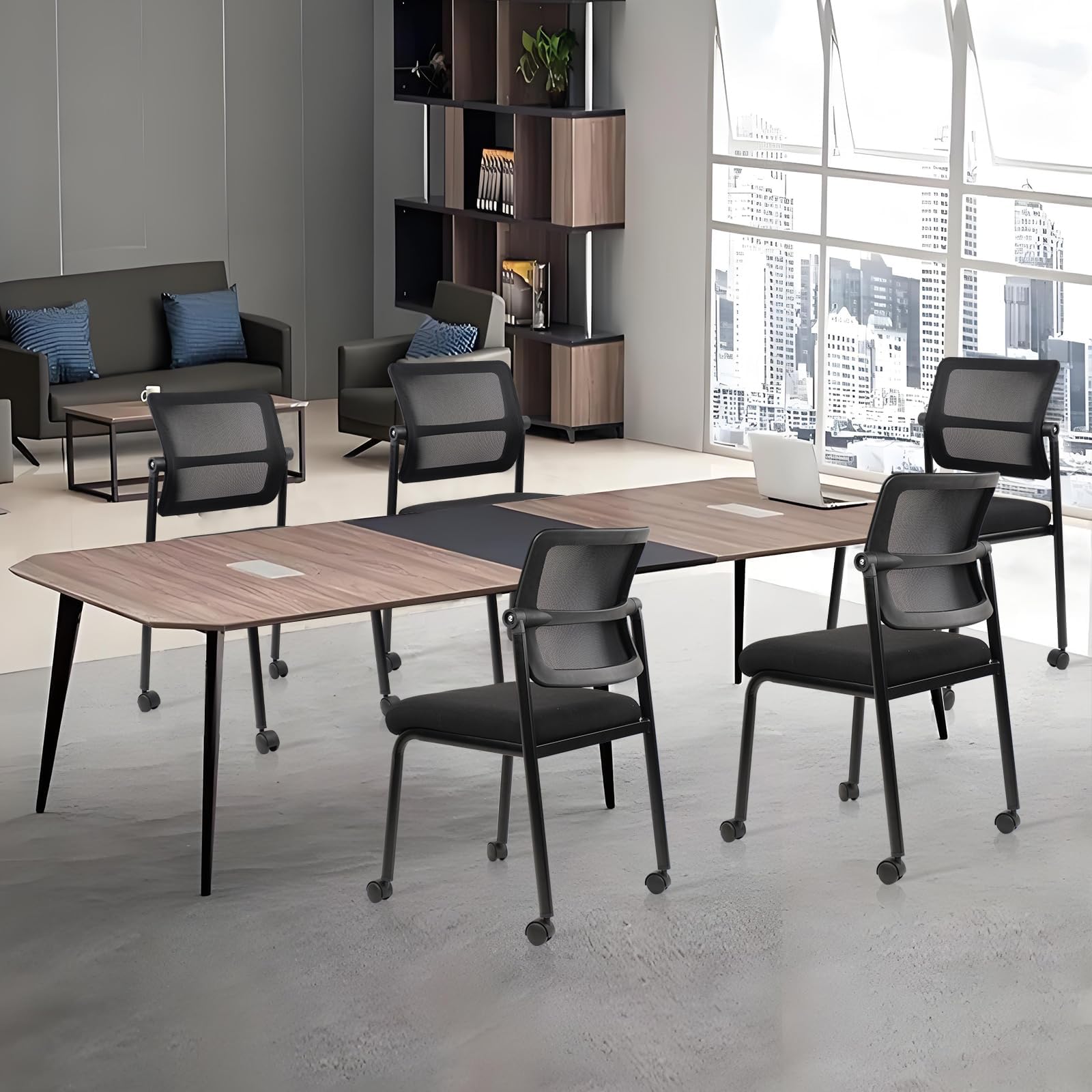 Stacking Chairs 8 PK, Adjustable Backrest Stackable Mesh Office Waiting Room Armless Chair with Wheels for Guest Reception Conference Lobby Side School, Black