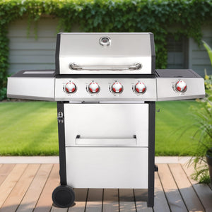 4 Burner Propane Gas Grill Combo w/Side Burner, 3-in-1 BBQ Grill with Charcoal Smoker & Griddle Plate, 46,750 BTU, 448 Sq.In. Stainless Steel Outdoor Cooking Station