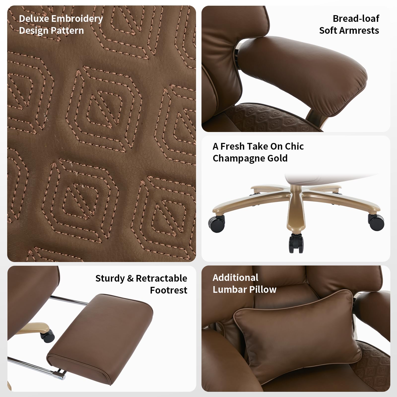 Big and Tall Executive Office Chair with Footrest, 400LBS Capacity Ergonomic High-Back Desk Office Chair with Lumbar Support, Padded Armrests & Thick Cushion, Brown PU Leather Chairs