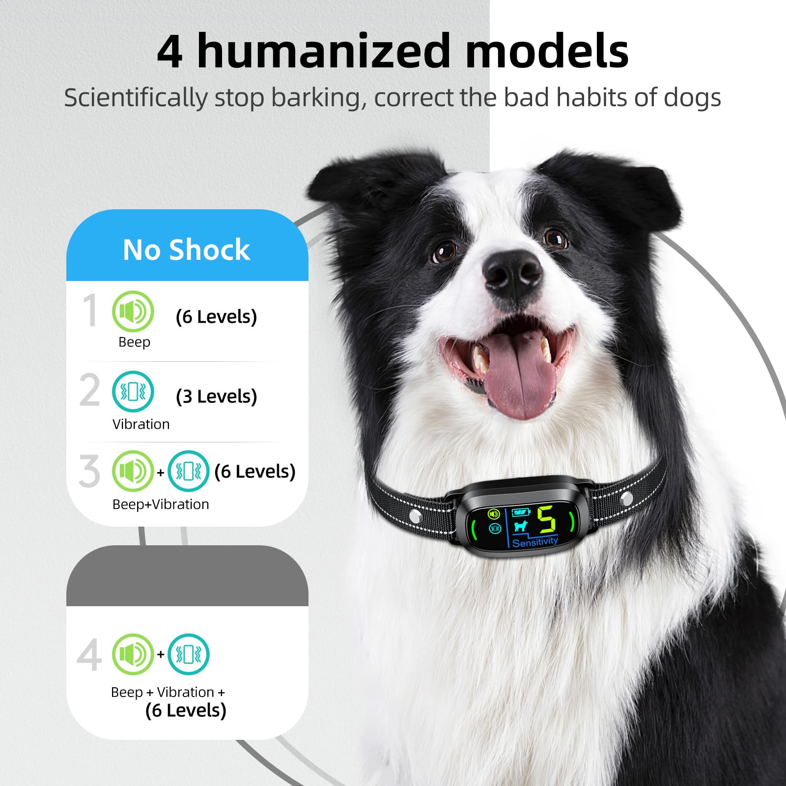 Dog Bark Collar for Large Medium Small Dogs, Rechargeable Smart Bark Collar, Anti Barking Training Collar with 5 Adjustable Sensitivity Beep Vibration (Black)