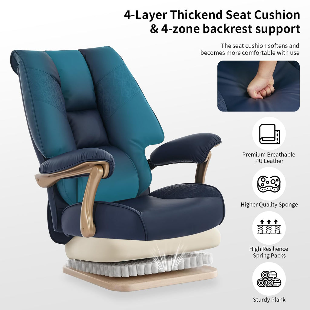 Big and Tall Executive Office Chair with Footrest, 400LBS Capacity Ergonomic High-Back Desk Office Chair with Lumbar Support, Padded Armrests & Thick Cushion, Blue PU Leather Chairs