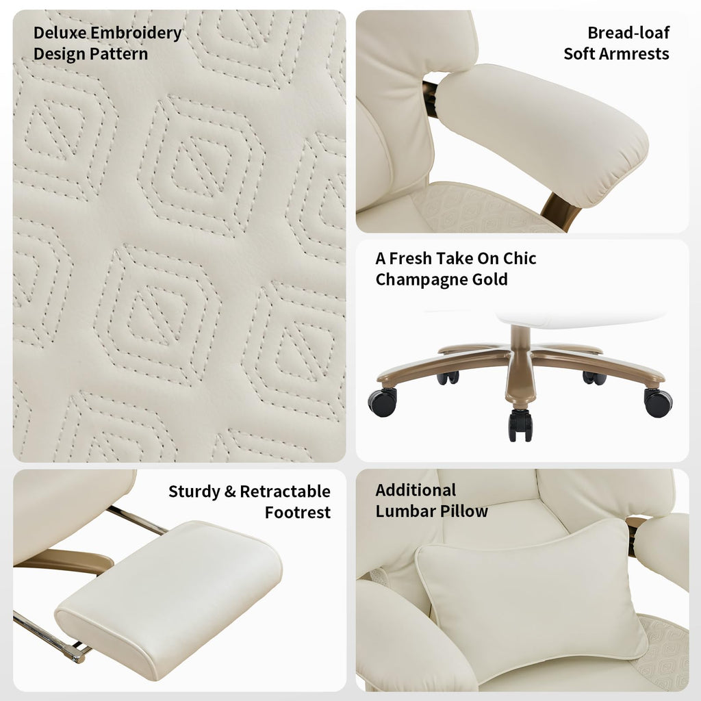 Big and Tall Executive Office Chair with Footrest, 400LBS Capacity Ergonomic High-Back Desk Office Chair with Lumbar Support, Padded Armrests & Thick Cushion, White PU Leather Chairs