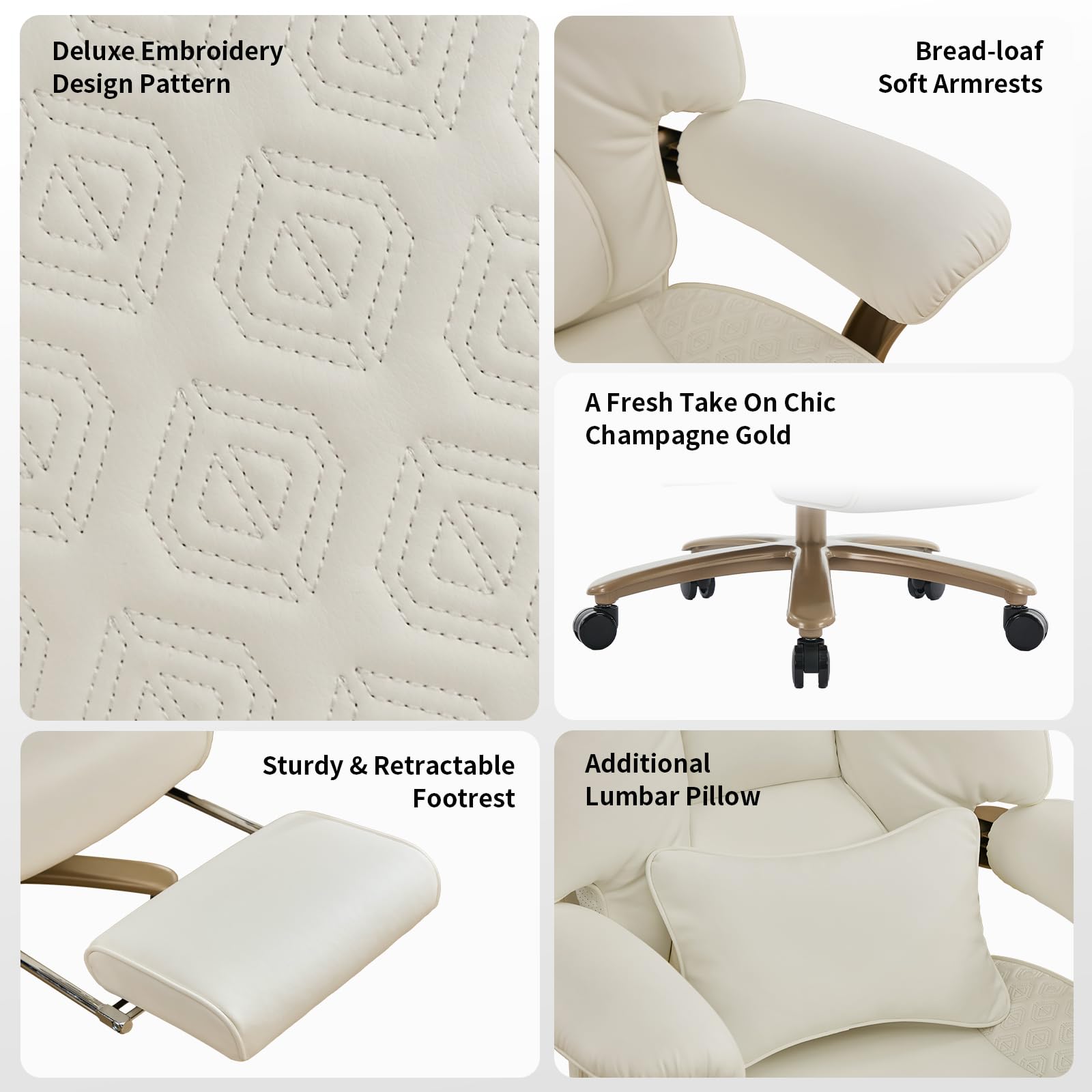 Big and Tall Executive Office Chair with Footrest, 400LBS Capacity Ergonomic High-Back Desk Office Chair with Lumbar Support, Padded Armrests & Thick Cushion, White PU Leather Chairs