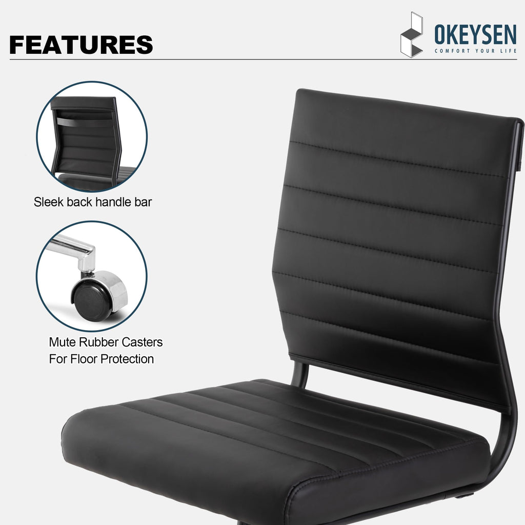 Office Desk Chair No Arms, Mid Back Ergonomic Swivel Black Armless Conference Room Chairs, Adjustable Height PU Leather Home Desk Chair, Modern Small Rolling Computer Task Chair